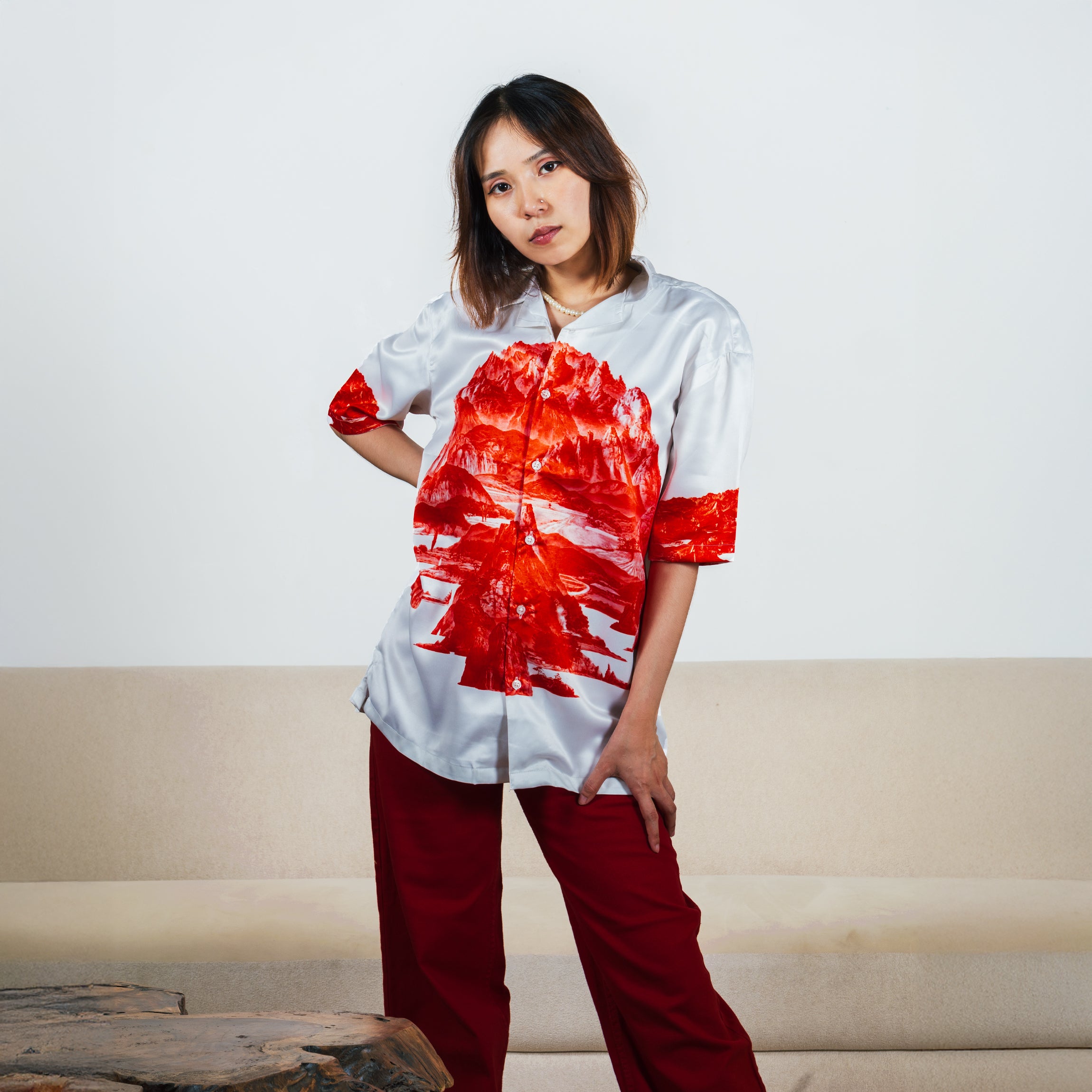 BETWEEN RED SWISS SATIN SHIRT